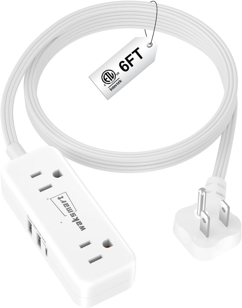 Waksmart سلك تمديد مسطح 6 أقدام - 4 مآخذ كهربائية و 3 منافذ USB (5V/3.4A 17W) ، شريط طاقة مسطح مدمج للجامعة والسفر والرحلات البحرية والمنزل والمكتب - Image 1